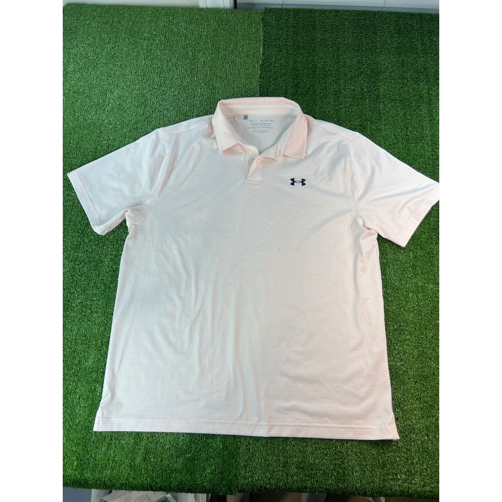 Under Armour‎ Men's Golf Polo Shirt Pink Stripe Short Sleeve Performance Size XL